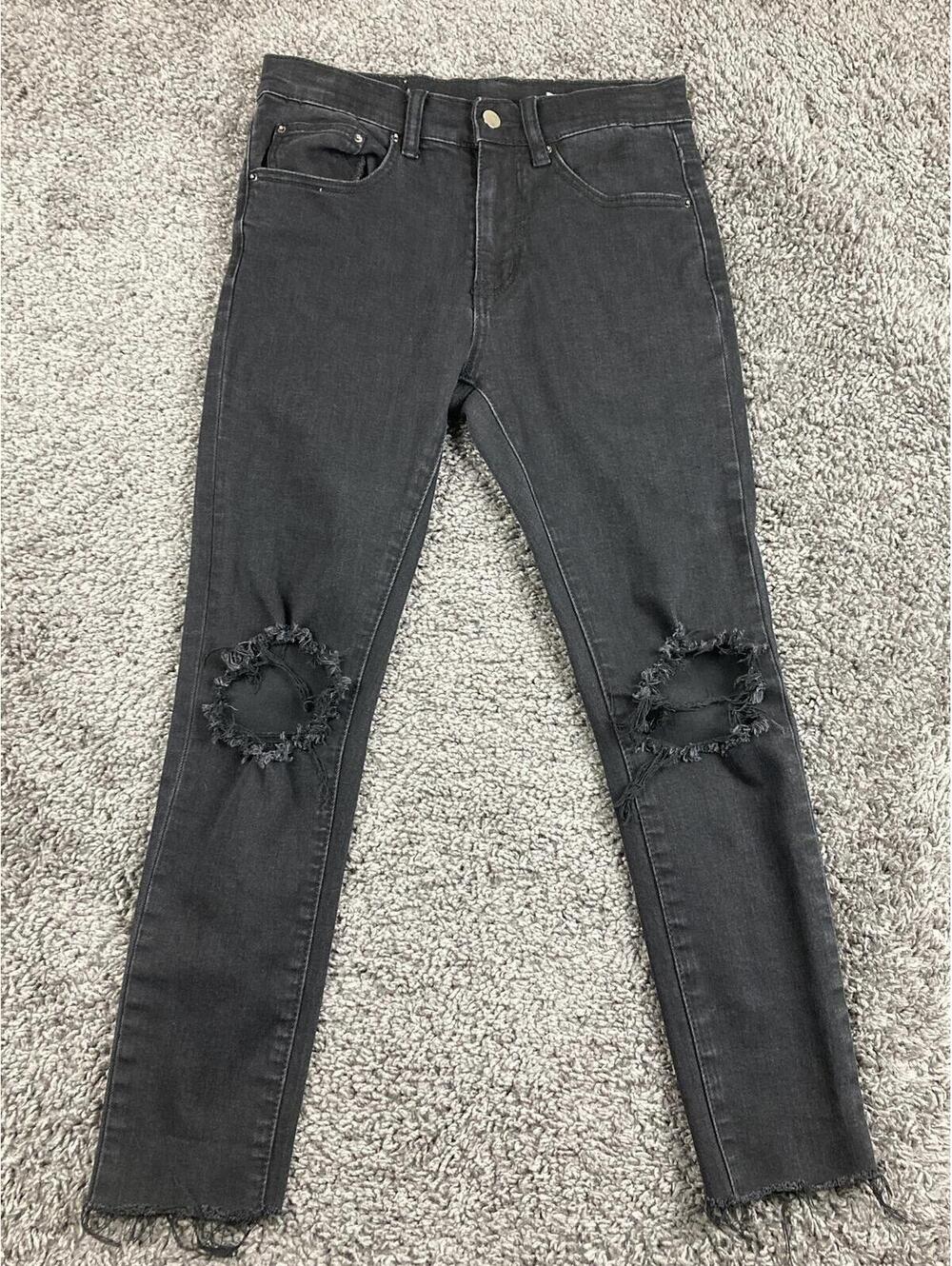 MNML Men Black Distressed Skinny Jeans Raw Hem Stretch Denim Size 28